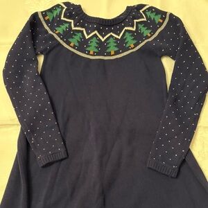 Hanna Andersson Navy Sweater Dress with Festive Evergreen Tree Pattern